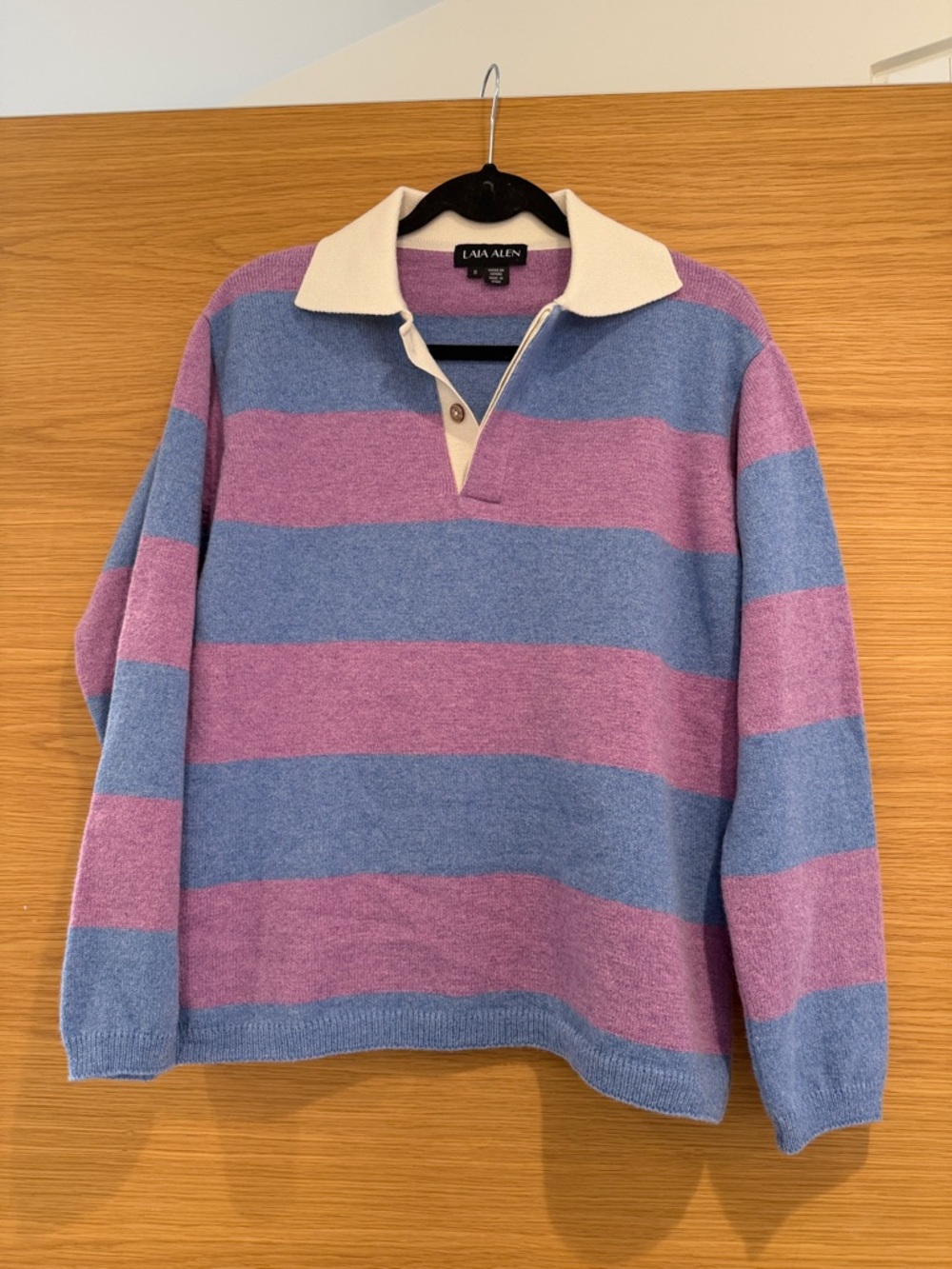 Laia Allen Wool Lavender & Periwinkle Striped Polo Sweater